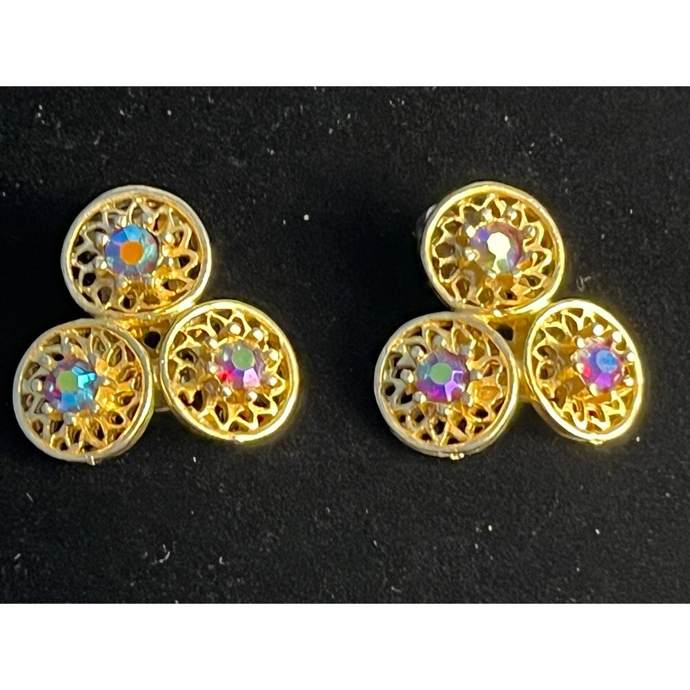 VTG Coro Clip On Earrings Gold Tone Rhinestones Three Circles Signed